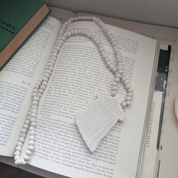 White Wooden Beaded Jesus Necklace - Picture 2 of 8